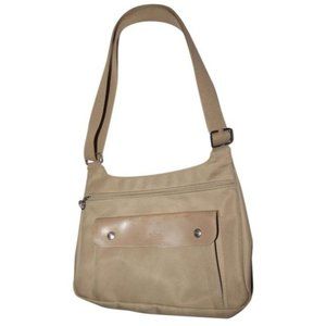 Longchamp Vintage Khaki Tan Leather Crossbody Canvas Bag